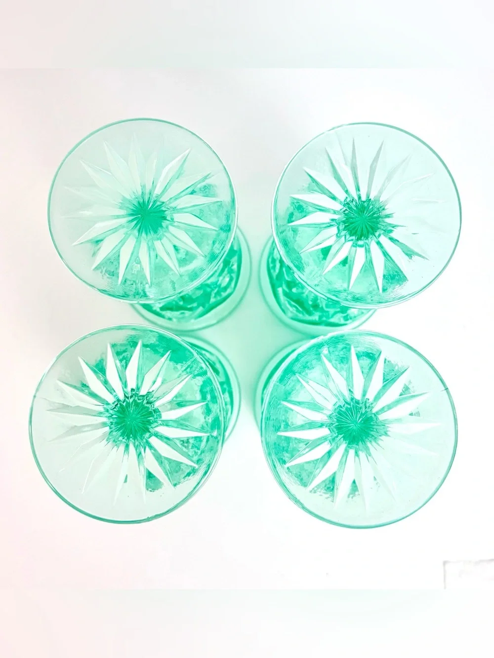 Vintage Imperial Aqua Set Of 4 Water Goblet Feather Notching Mint Condition